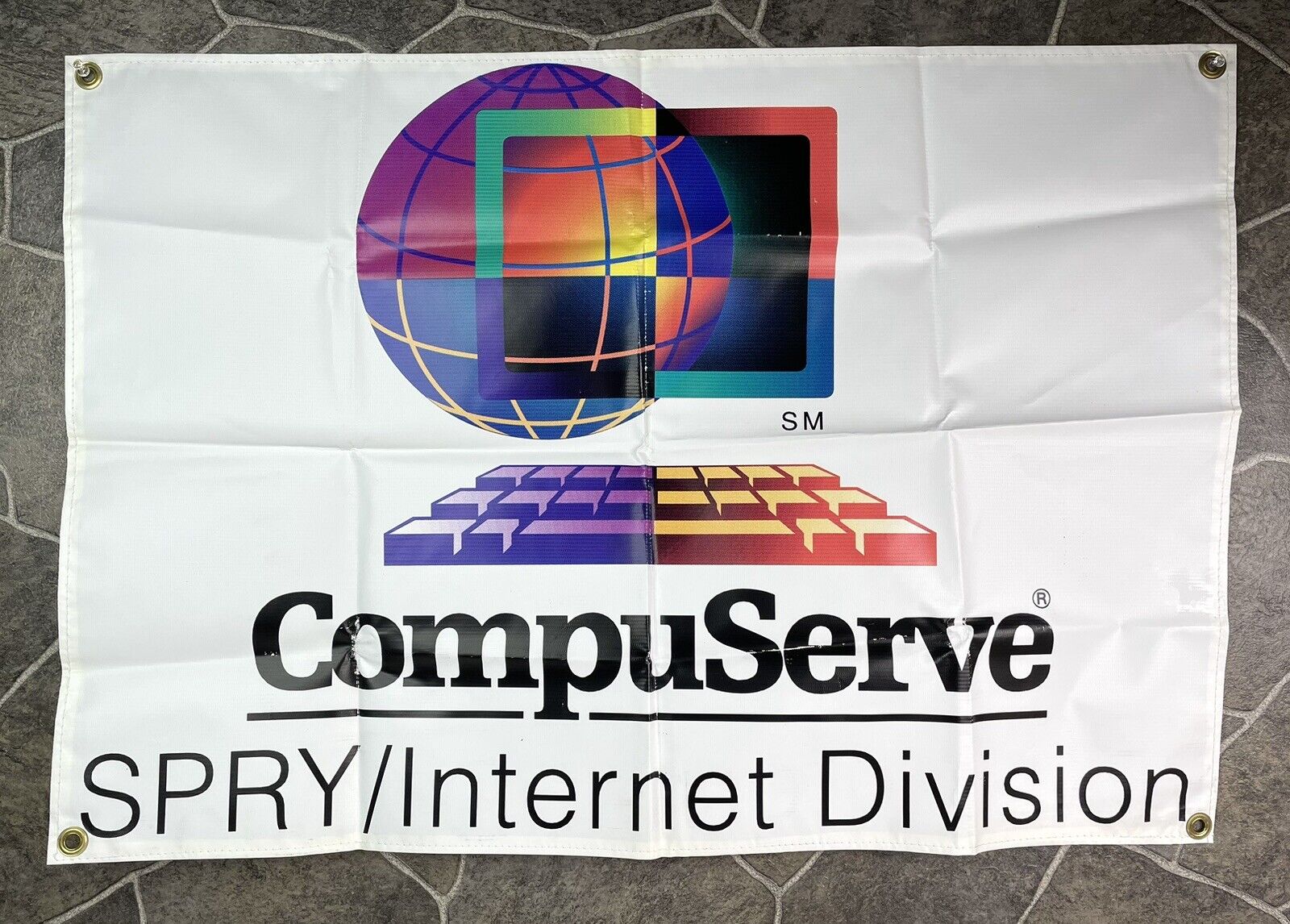 Vintage 1995 Compuserve SPRY Internet Division Vinyl Banner Poster & Pin