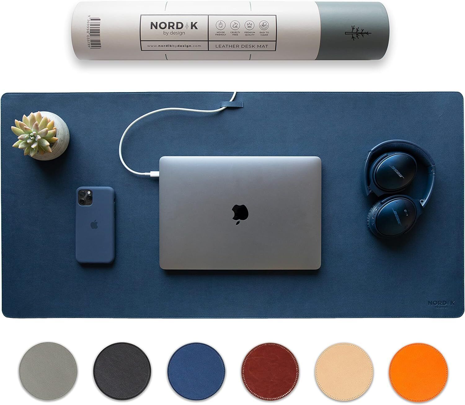 Nordik Leather Desk Mat Cable Organizer Midnight Blue Premium Extended Mouse Mat