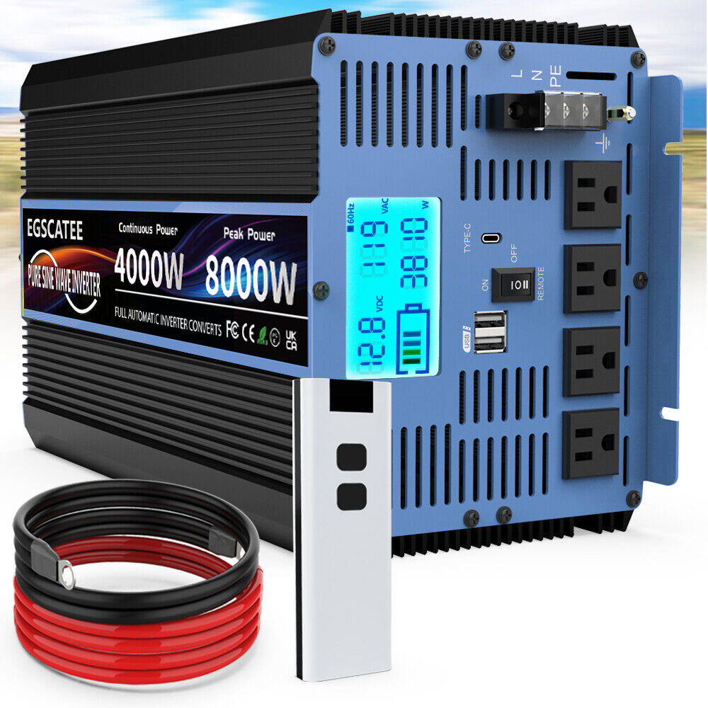 Pure Sine Wave Inverter Power Inverter 4000W DC12V to AC 110V 120V Inverter LCD