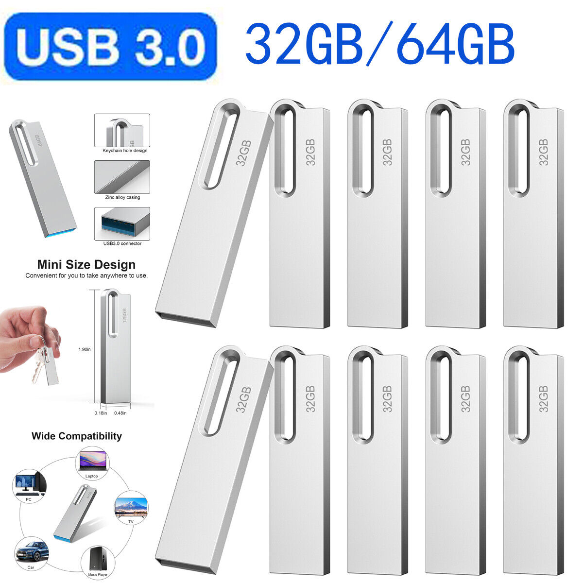 USB 3.0 Flash Drive 32GB 64GB Lot Pack Memory Stick Metal Waterproof Pen Drive 