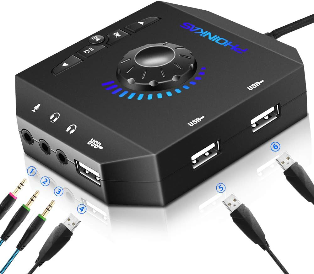 T10 External Sound Card, PHOINIKAS USB Audio Adapter for PC Windows, Mac, Linux,