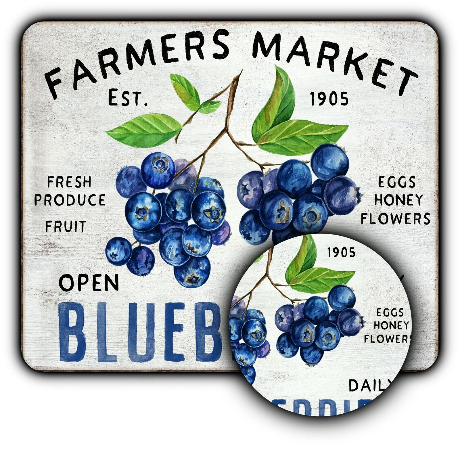 Mouse Pad Sign + Coaster - Vintage Style - Blueberry Farm -1/4\