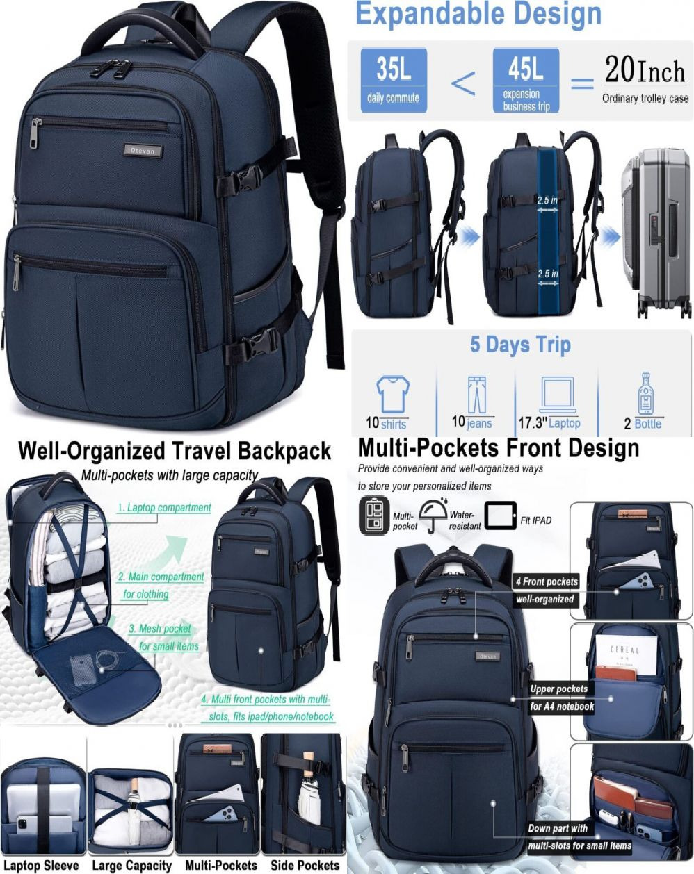 Otevan Travel Backpack for Men Women,45L Carry On Flight Dark Blue 