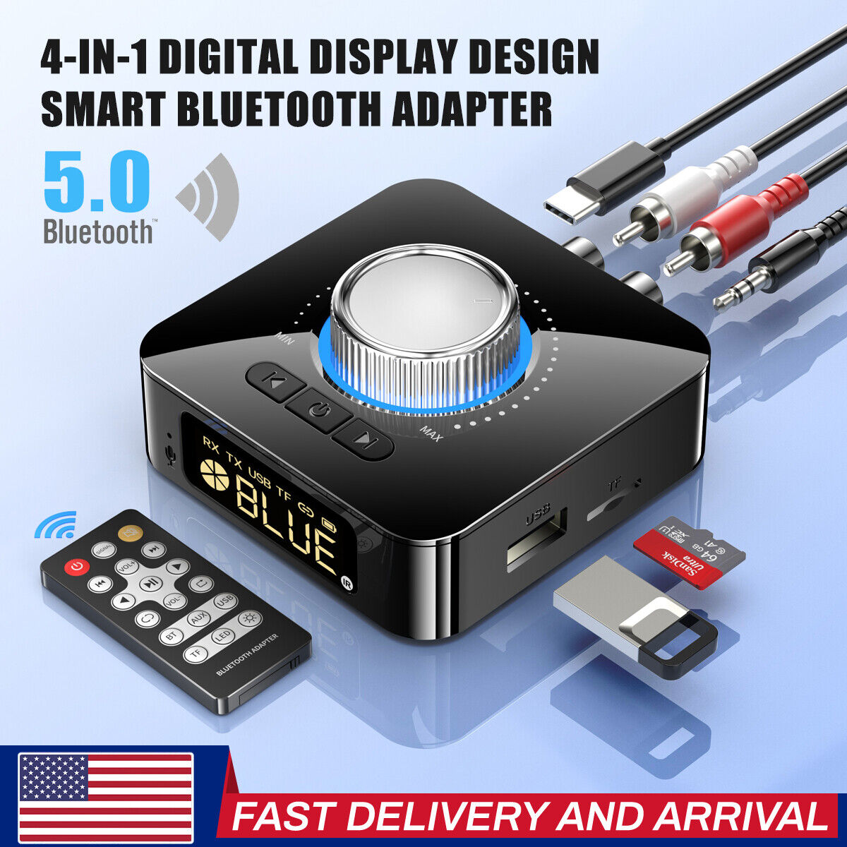 LED Digital Bluetooth 5.0 Receiver Transmitter HiFi Stereo AUX RCA Audio Adapter