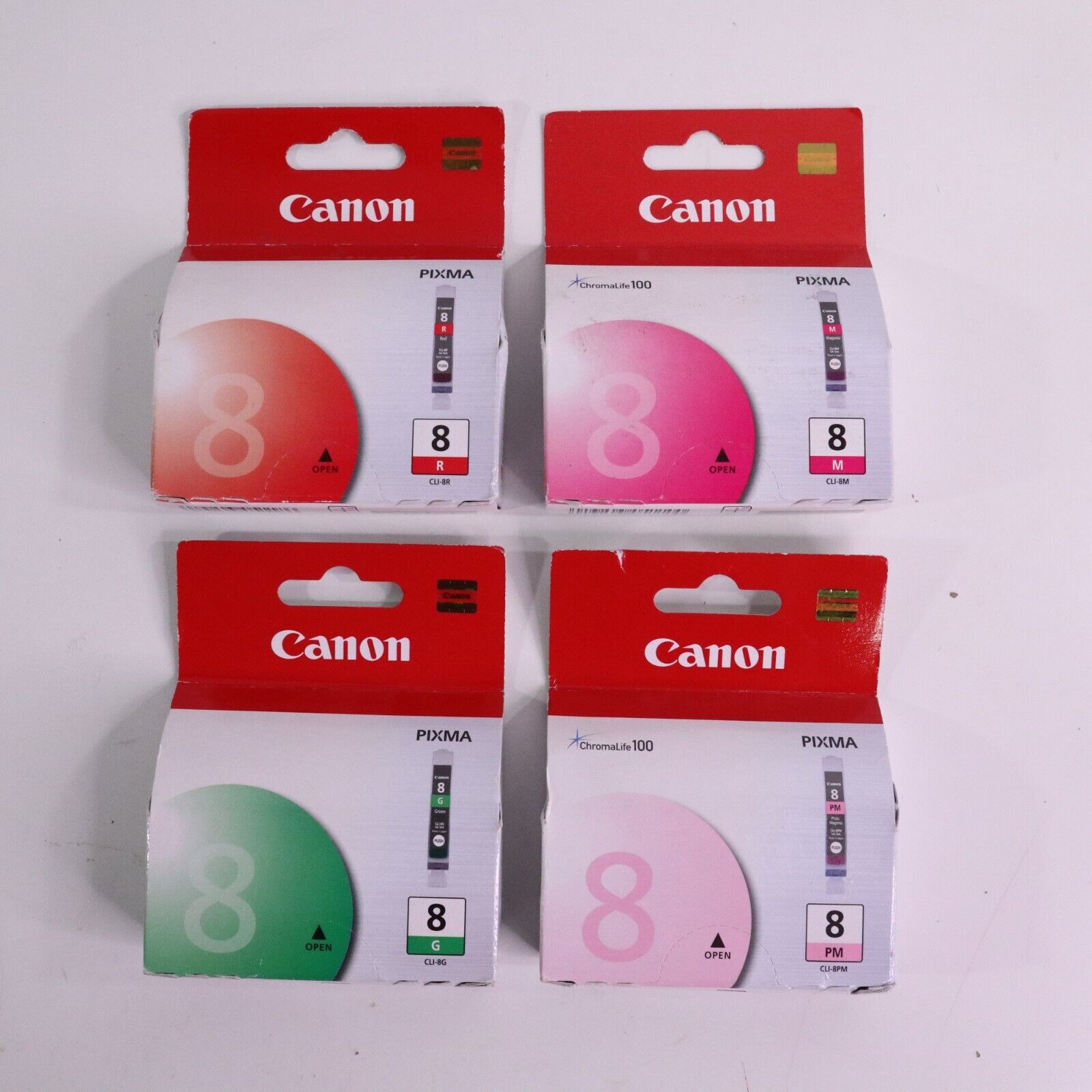 Lot of 4 Genuine Canon Pixma CLI-8M, CLI-8G, CLI-8PM, CLI-8R Ink Cartridges New
