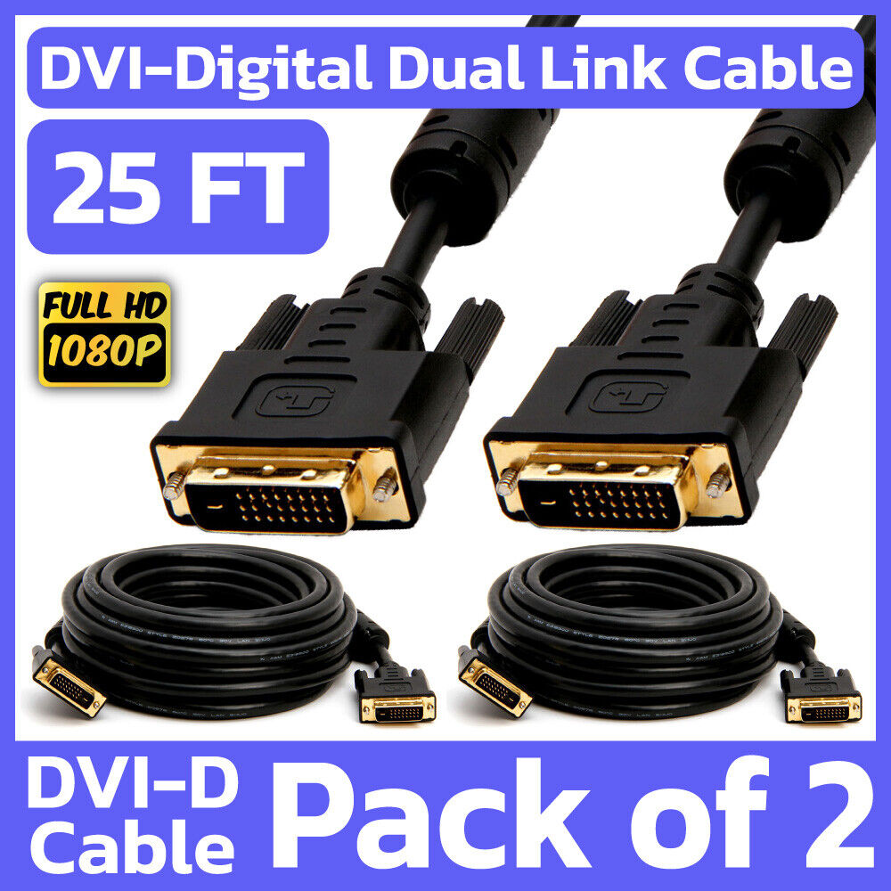 2 Pack 25 Feet DVI Cable DVI-D Dual-Link Male to Male Cord Digital Monitor Cable