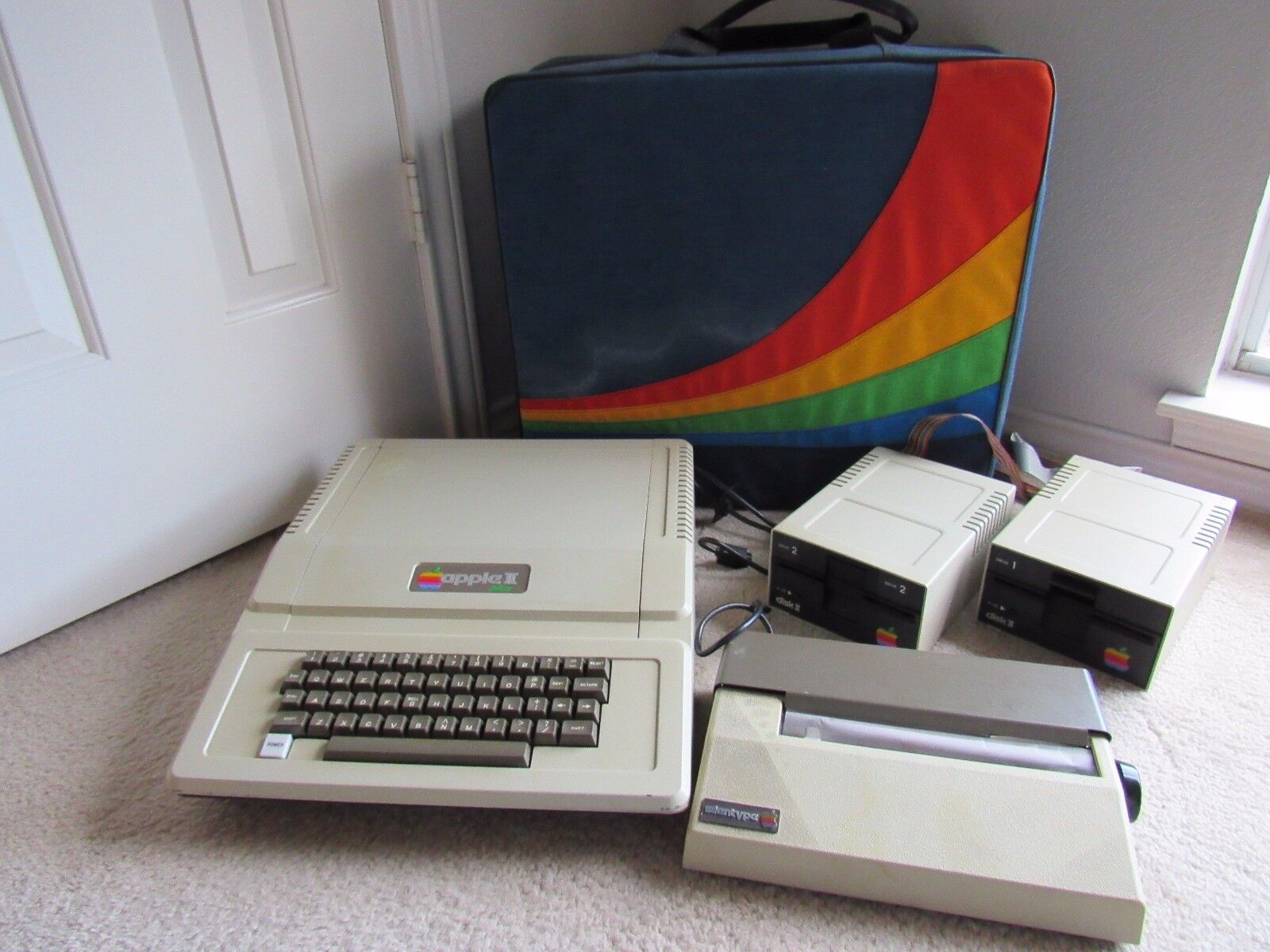 Vintage Apple Computer w/ Rainbow Storage Travel Bag, 2 Disk Drives, Printer Lot