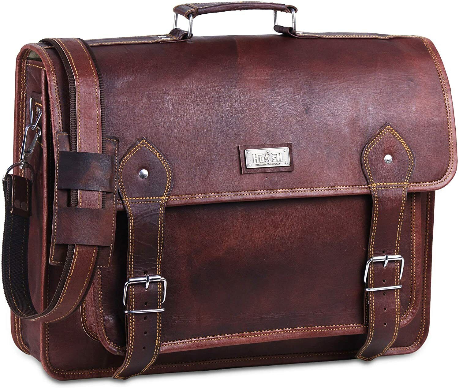 Hulsh Vintage 18 Inch Leather Briefcase for Men Large Pocket Leather Messenger
