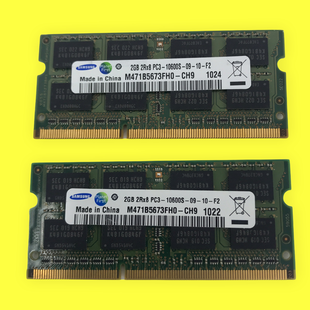 Lot of 2 Samsung 2GB 2Rx8 PC3-10600S-09-10-F2  M471B5673FH0-CH9 RAM Memory