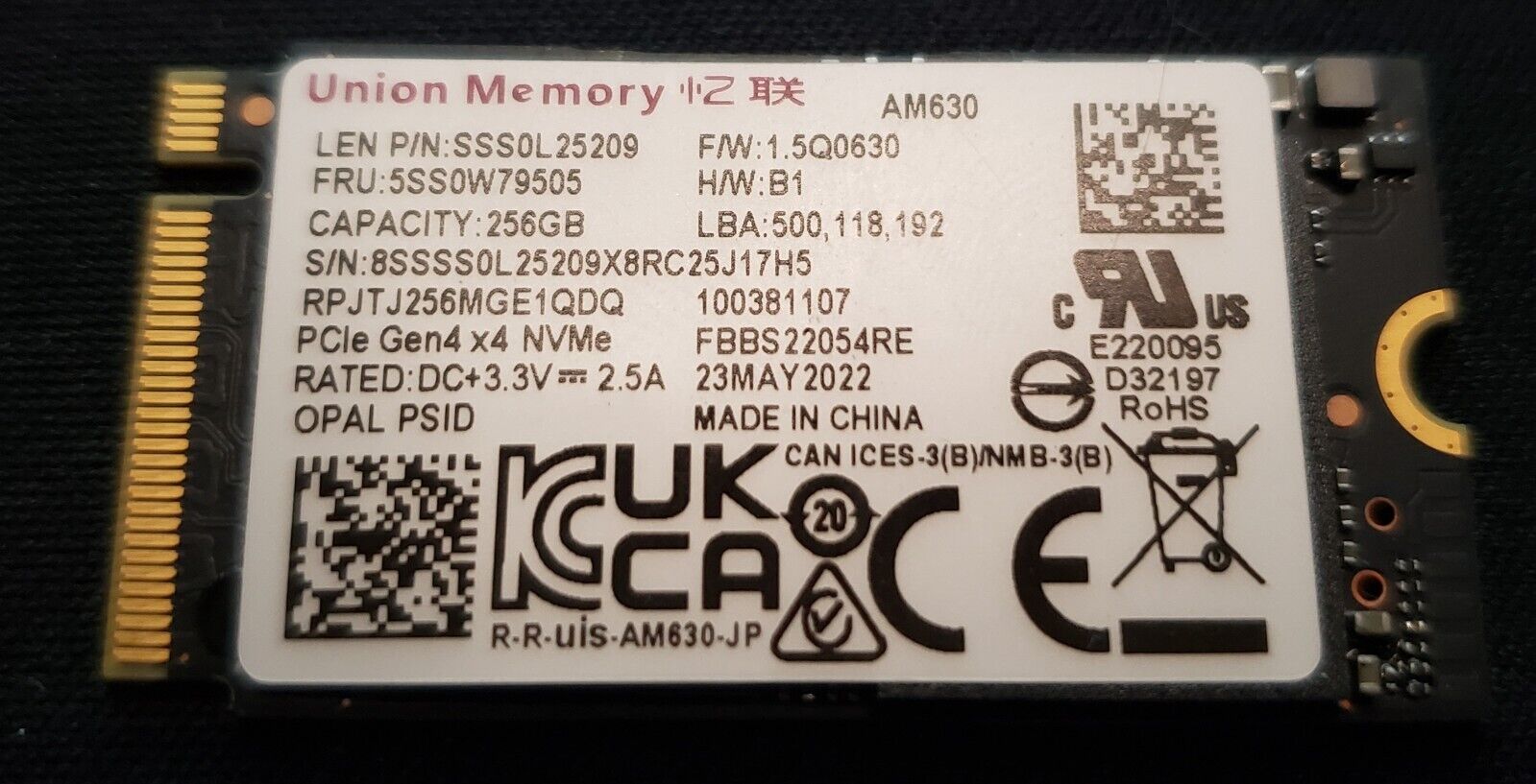 Lenovo Union Memory AM630 256GB Internal SSD (NVME 1.3/PCIe 4.0 x 4/M.2 2242)