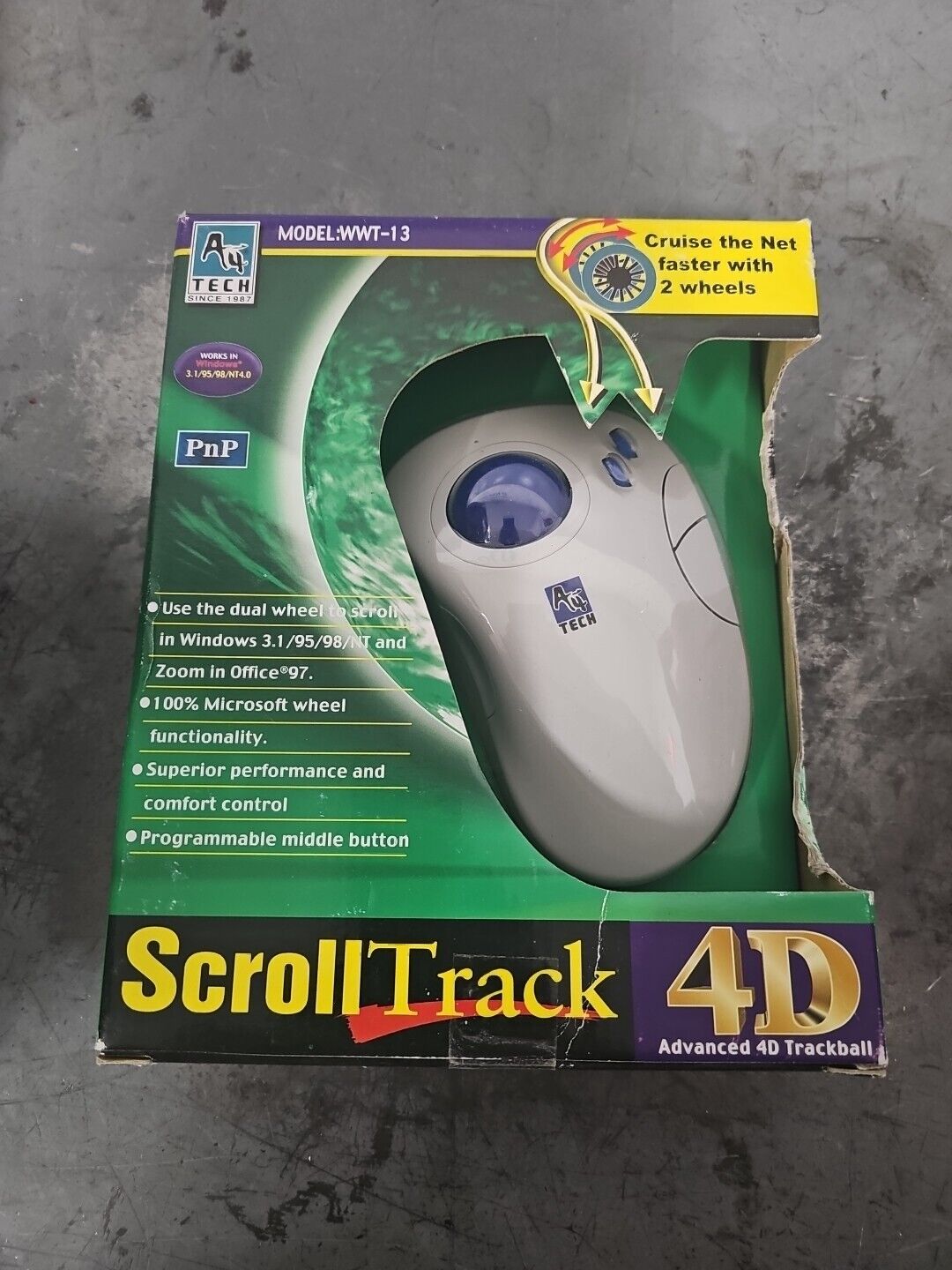 Vintage New Old Stock 90s A4 Tech WWT-13 Scroll Track 4D TrackBall Large Mouse