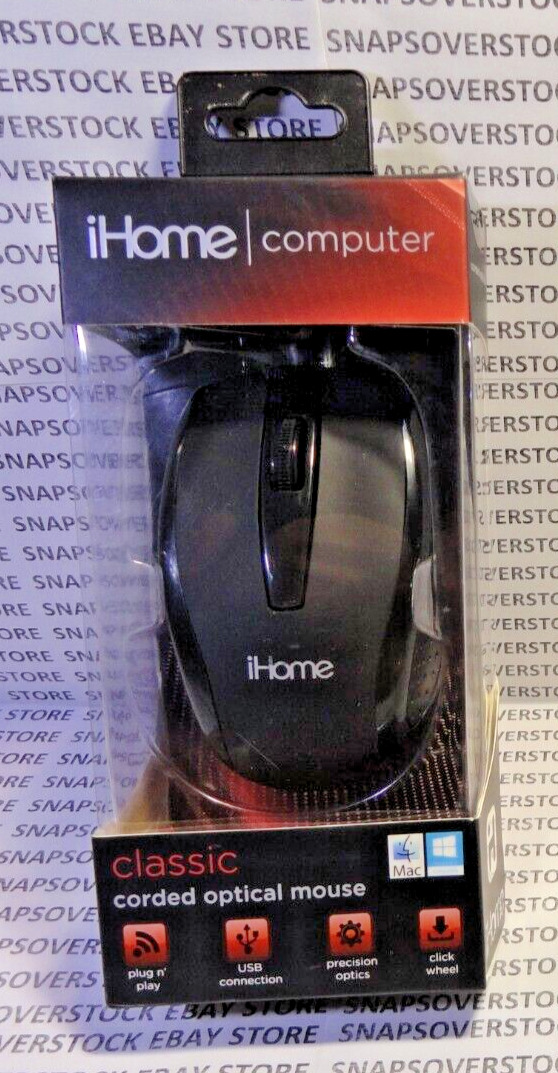 IHOME COMPUTER BLACK COLOR CLASSIC USB CORDED OPTICAL MOUSE, NEW, 