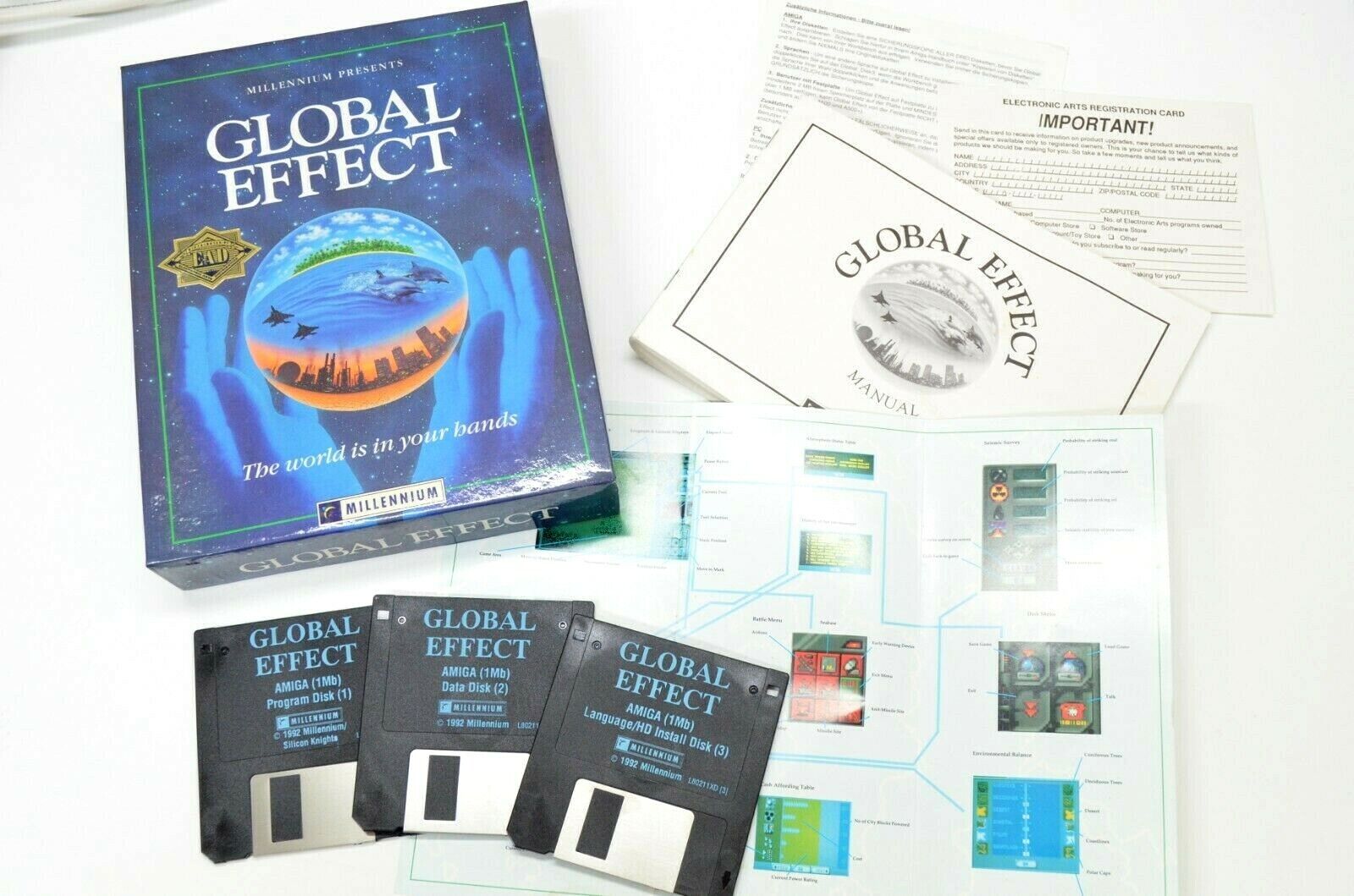 Amiga Global Effect Game Millenium Electronic Arts Manual 3 Disks U.K. Commodore