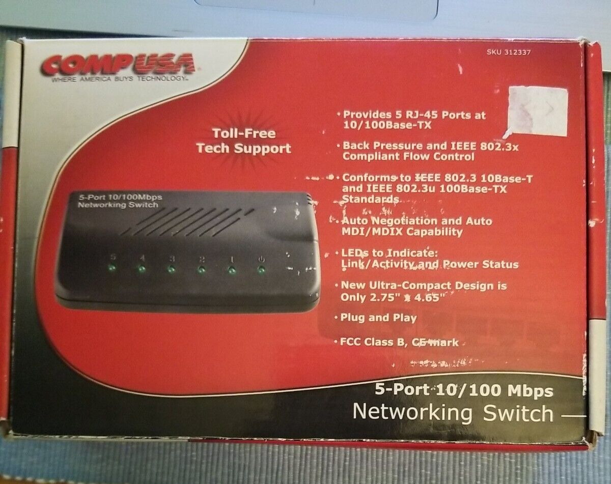 COMP USA 10/100Mbps 5 Port Networking Switch With Instructions  NEW OPEN BOX