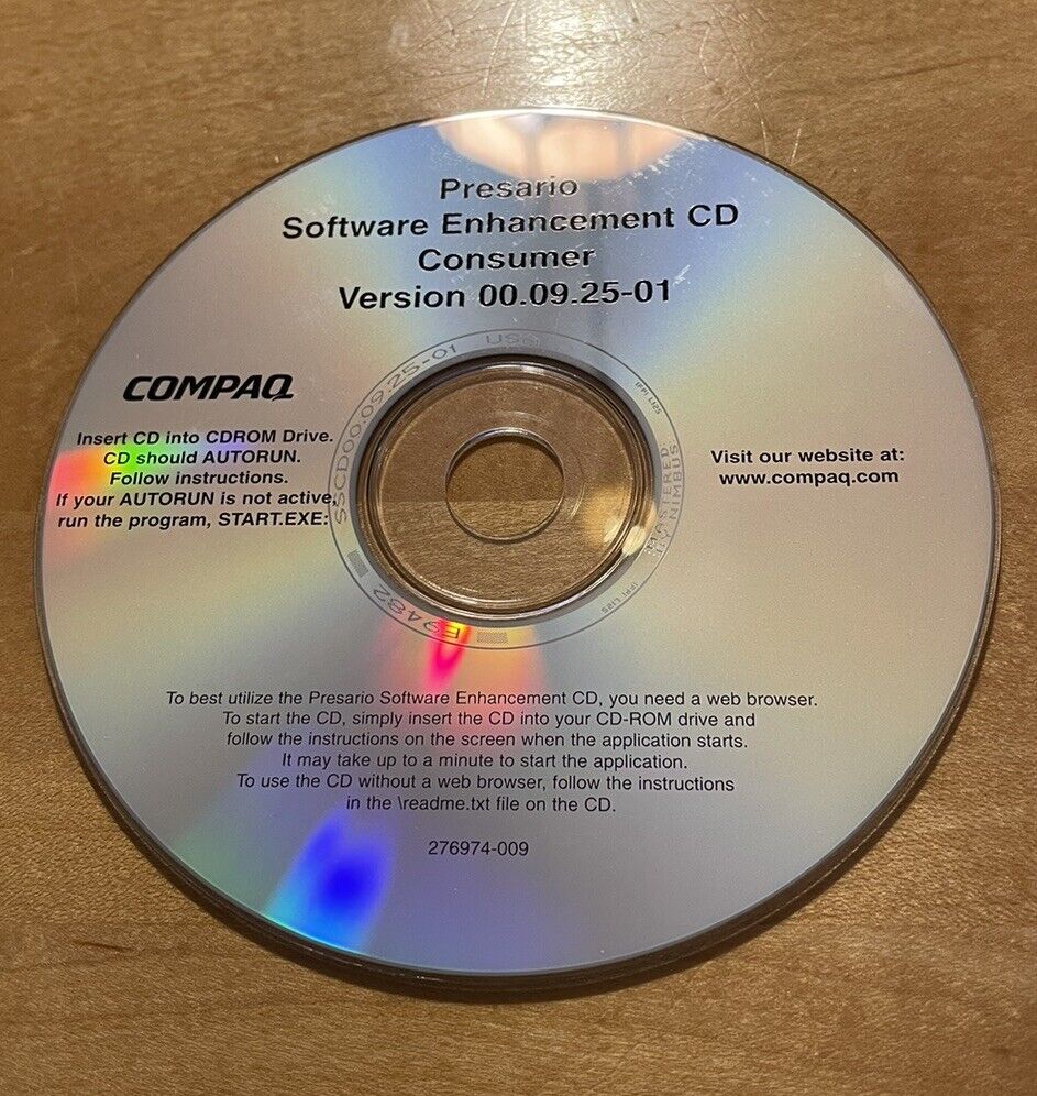 Genuine Compaq Presario Software Enhancement Consumer 00.09.25-01 CD Disk Only