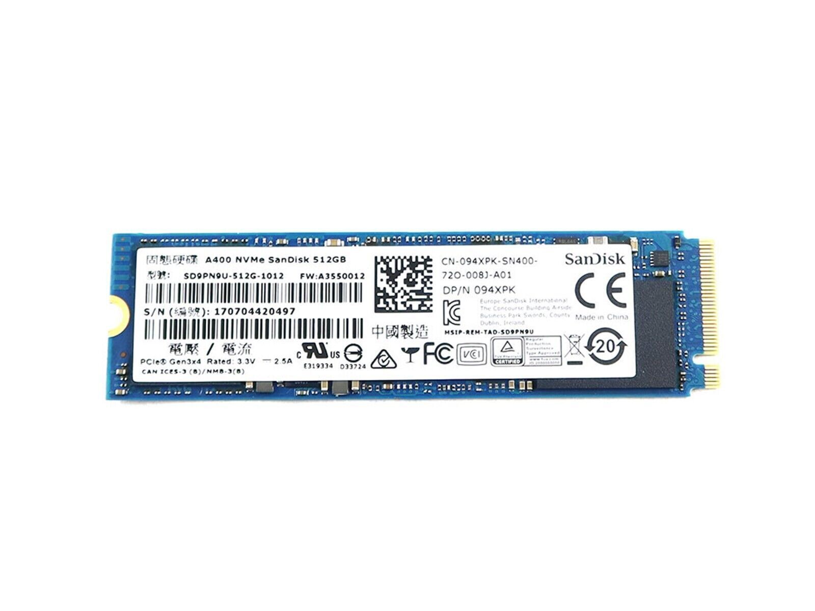 GENUINE SanDisk SSD M.2 2280 NVMe 512GB - PCIe Gen3x4 A400 094XPK