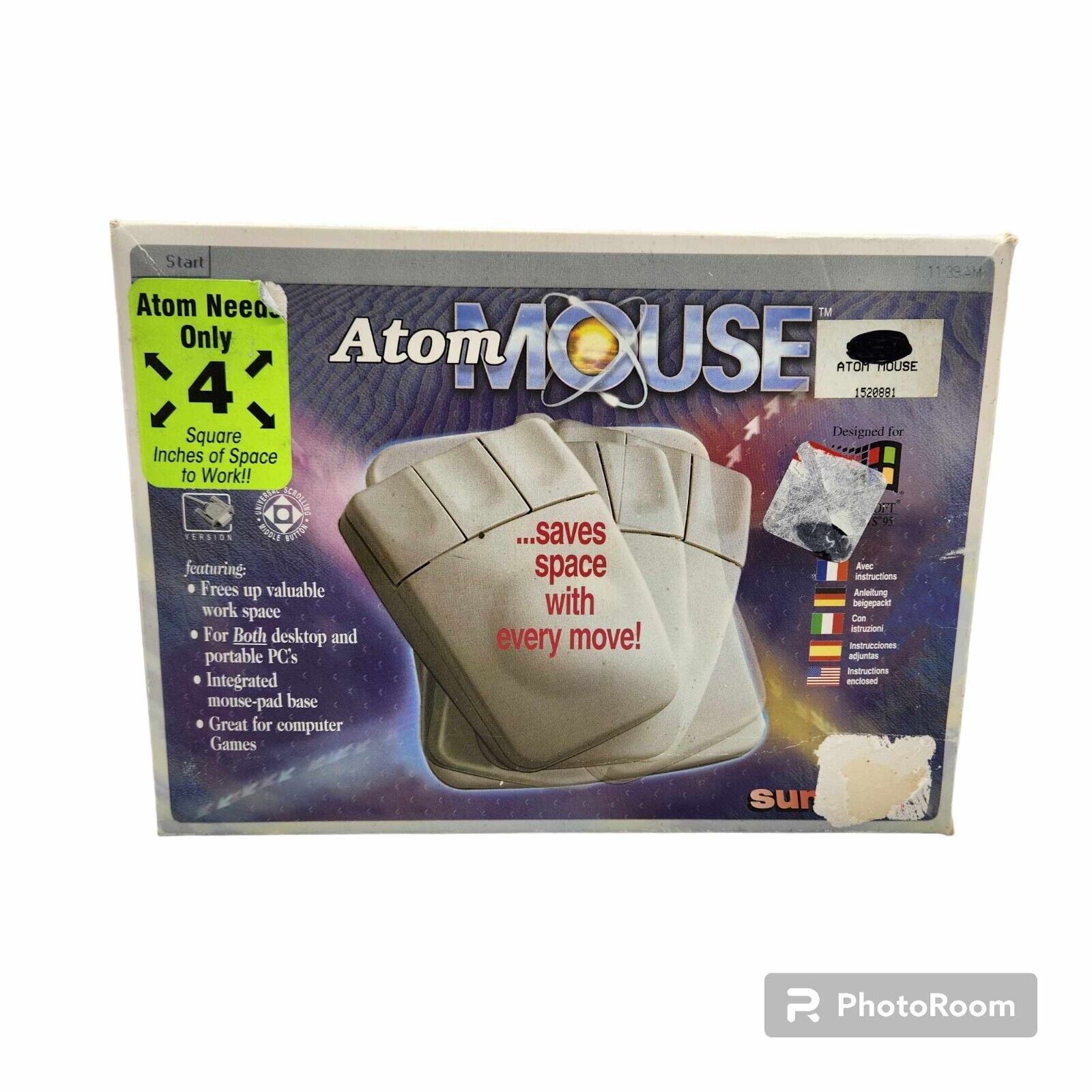 Suncom Atom Mouse IBM PC PS/2 Weird Vintage Mouse Windows 95 Space Saver