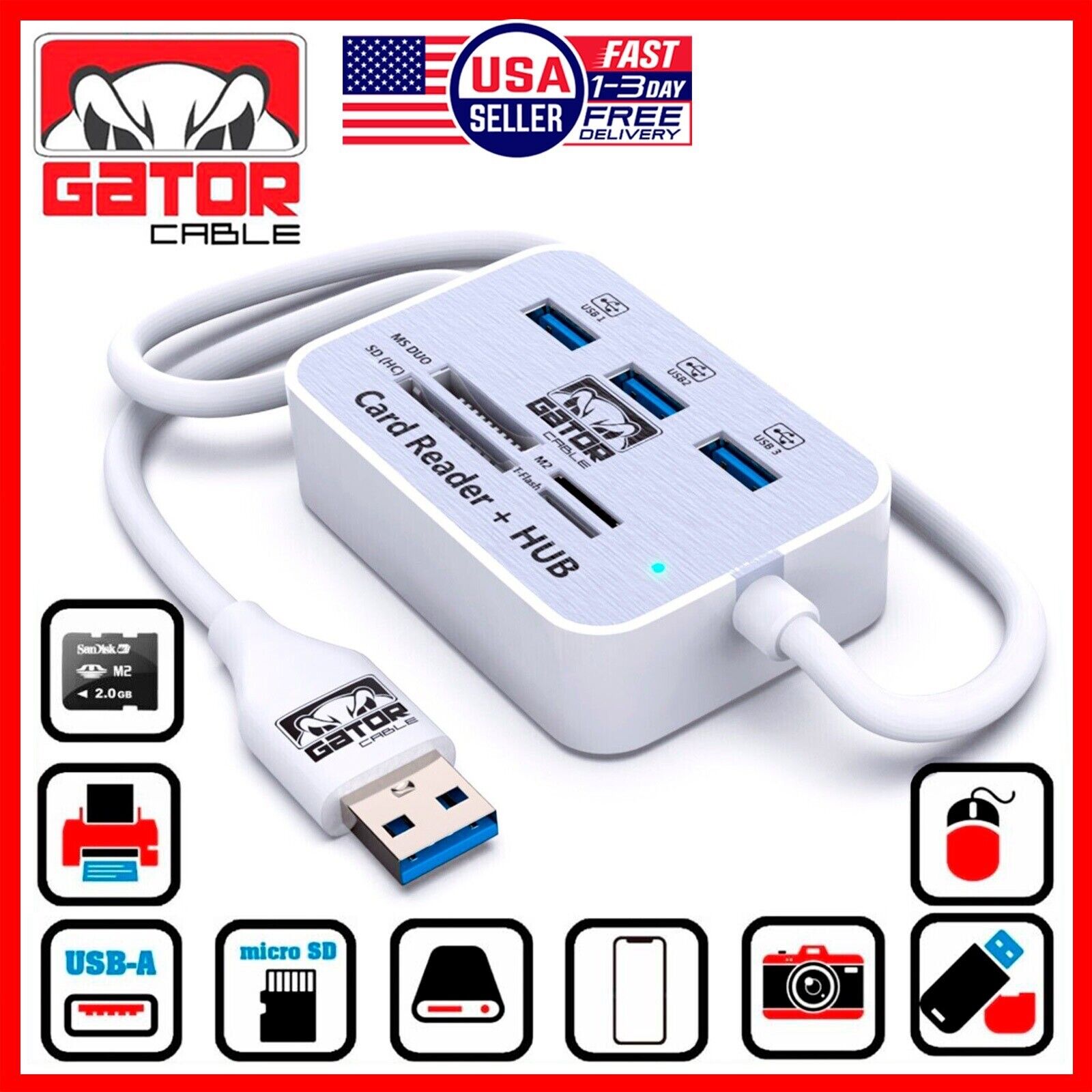 USB 3.0 Card Reader HUB 3-USB-A Port Multi Memory MS Micro SD M2 TF Slot Adapter