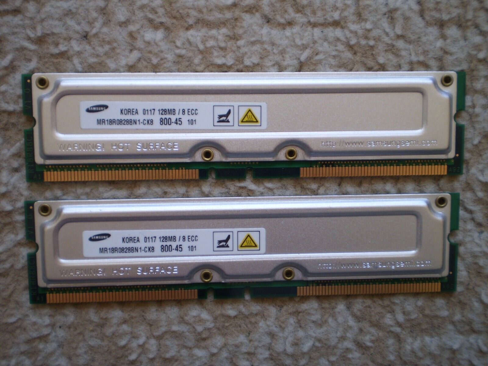 Pair of 2 Samsung 128MB Set Rambus Rdram Memory MR18R0828BN1-CK8 800-45 184 Pin