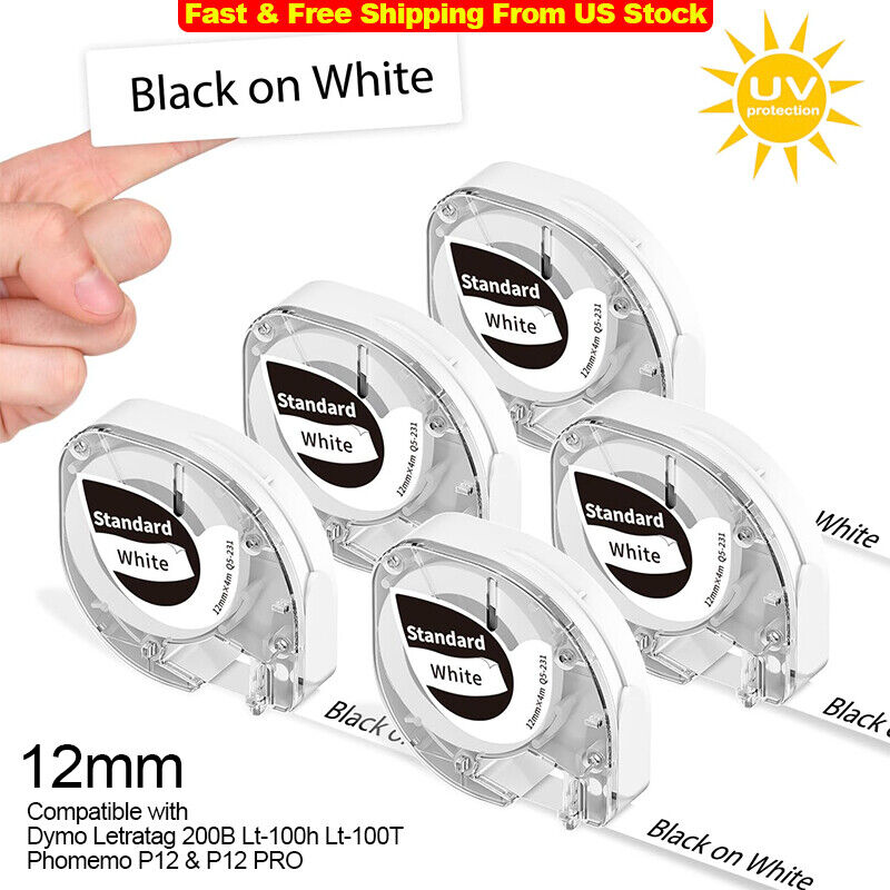 5-Pack White Label Maker Tape Replacement for Dymo Letratag 200B Lt-100h P12 Pro