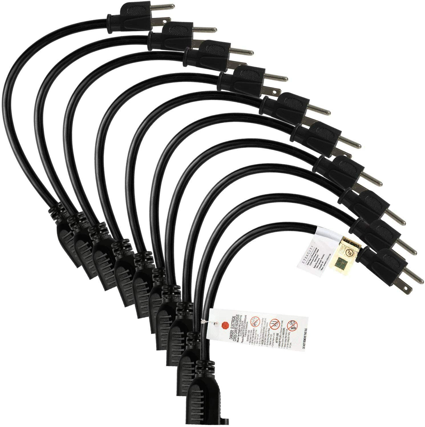 10 Pack Short Power Extension Cord 1ft cable 3 Prong 16AWG/13A UL Listed Black