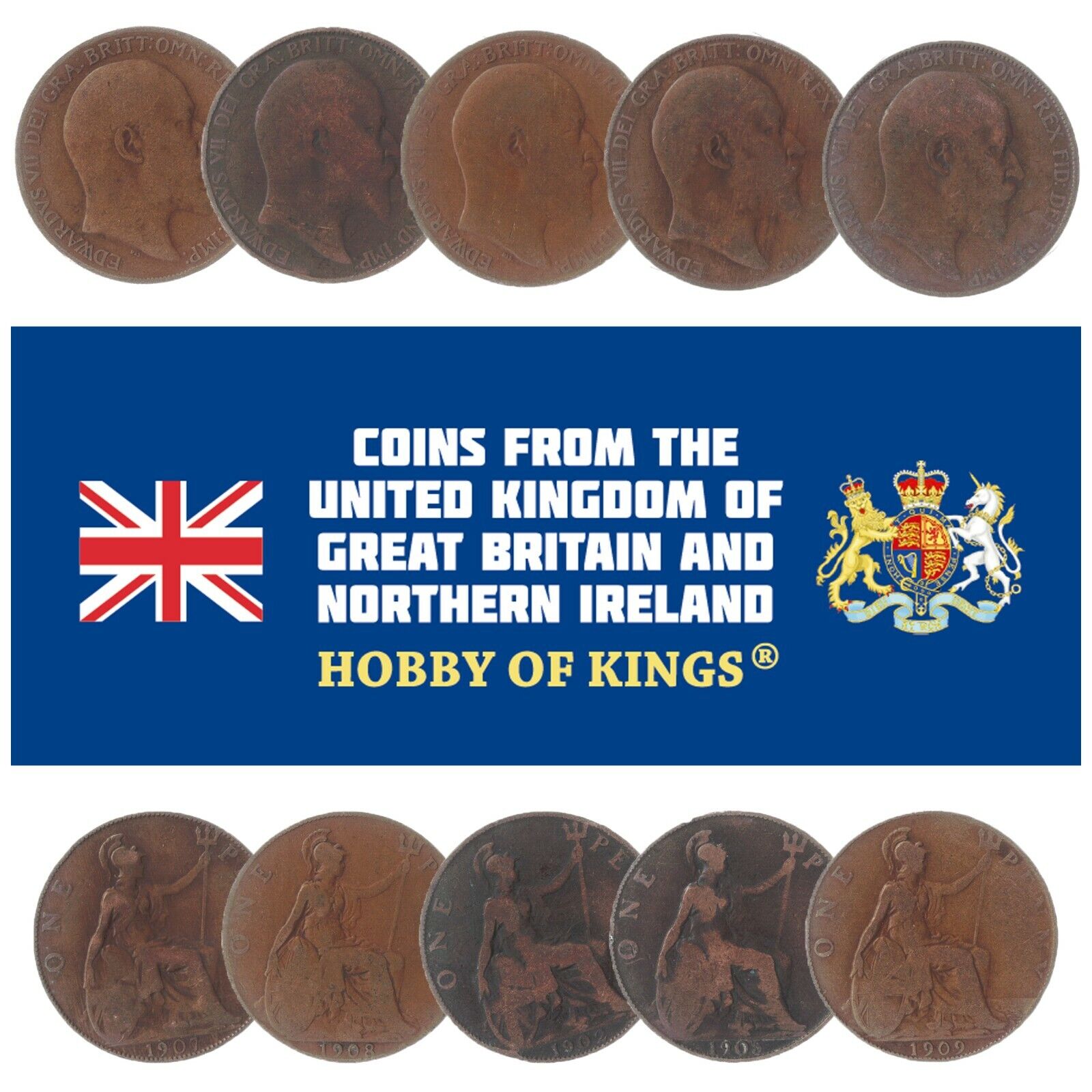LOT OF 10 GREAT BRITAIN UNITED KINGDOM 1 PENNY COINS, KING EDWARD VII 1902-1910