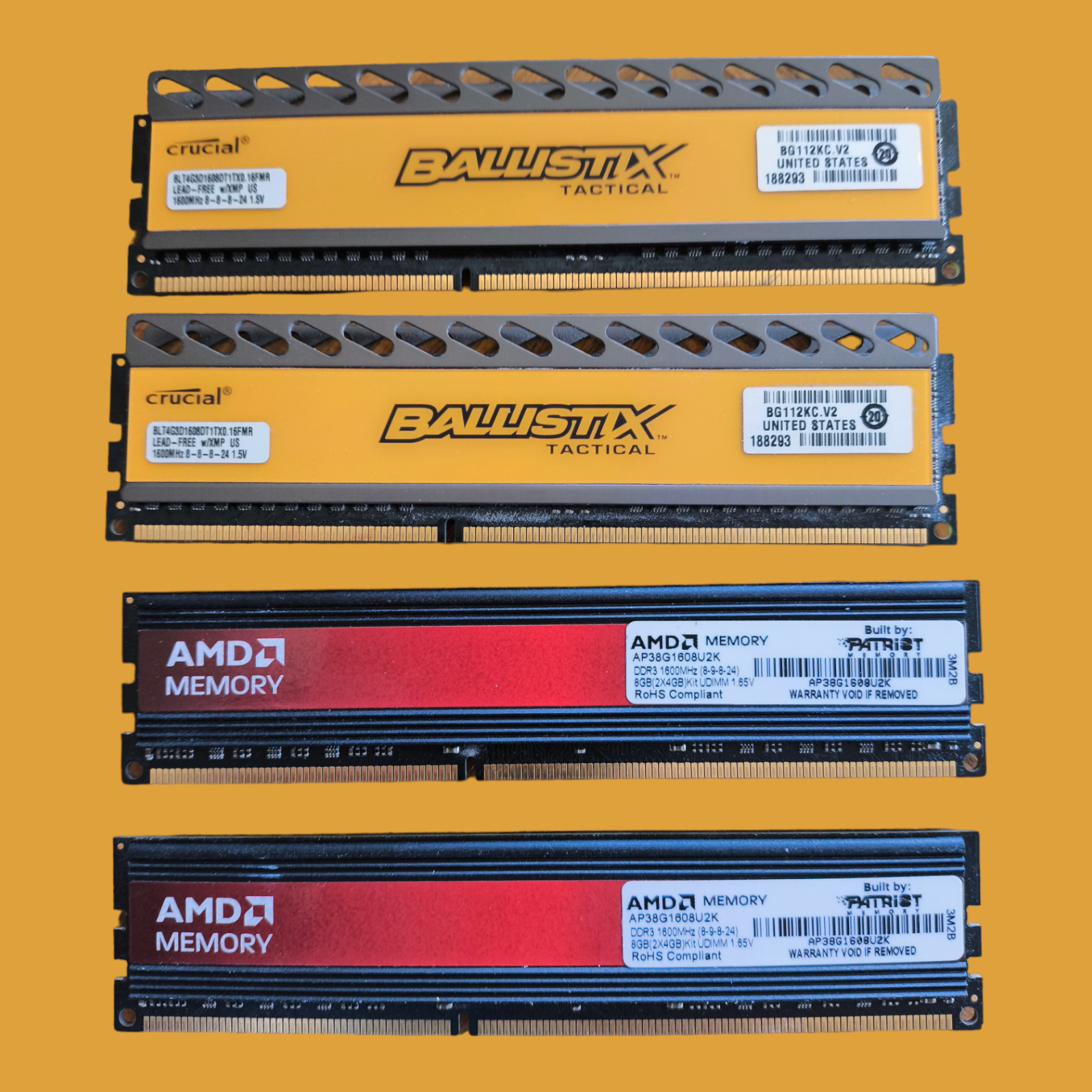 DDR3 Memory:  2x 4GB Crucial Ballistix Tactical & 2x 4GB AMD (Built by Patriot)