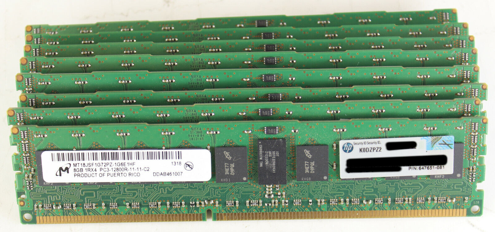 Lot of 8 HP Micron MT18JSF1G72PZ-1G6E1HF 647651-081 8GB 1Rx4 PC3-12800R ECC RAM