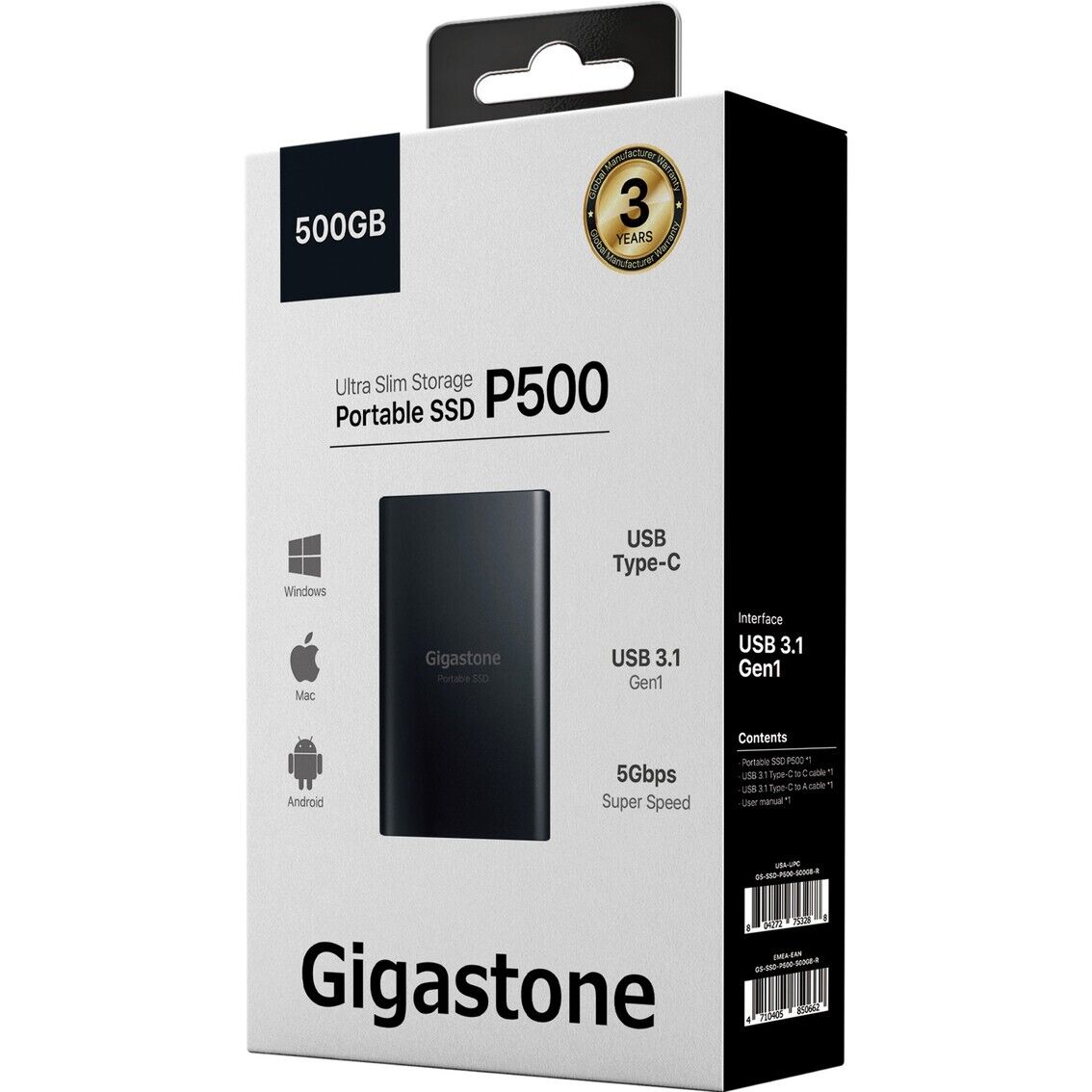 Gigastone 500GB Portable SSD Ultra Slim 550MB/s. USB 3.1 Type-C Win/Mac/Android
