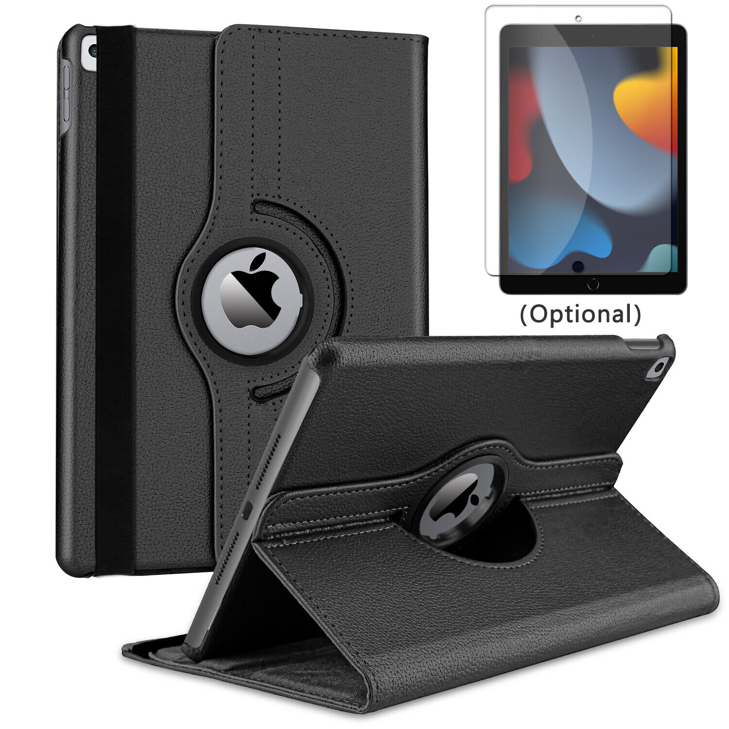 For iPad 10.2 9th 8th 7th Gen 360 Rotating Leather Stand Case / Screen Protector
