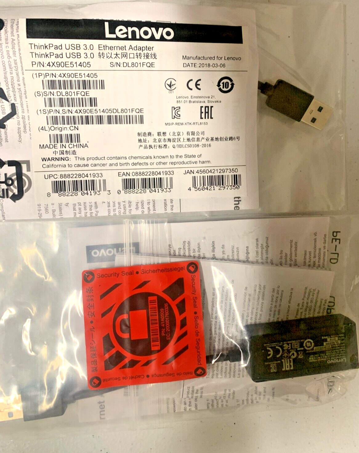NEW Lenovo 4X90E5405 USB 3.0 to Ethernet Adapter RJ-45 4X90E51405