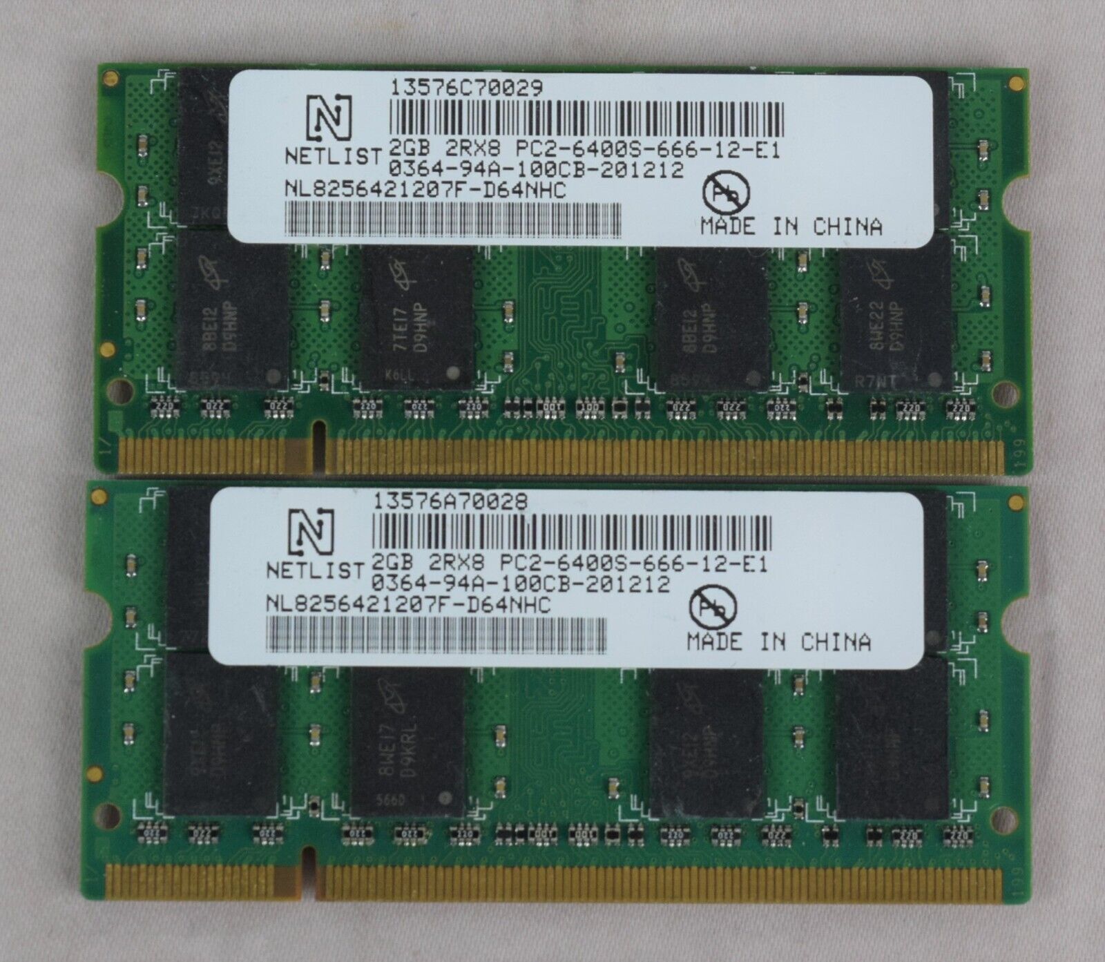 Netlist 2GB 2Rx8 PC2-6400S-666-12-E1 Memory RAM - Lot of (2)