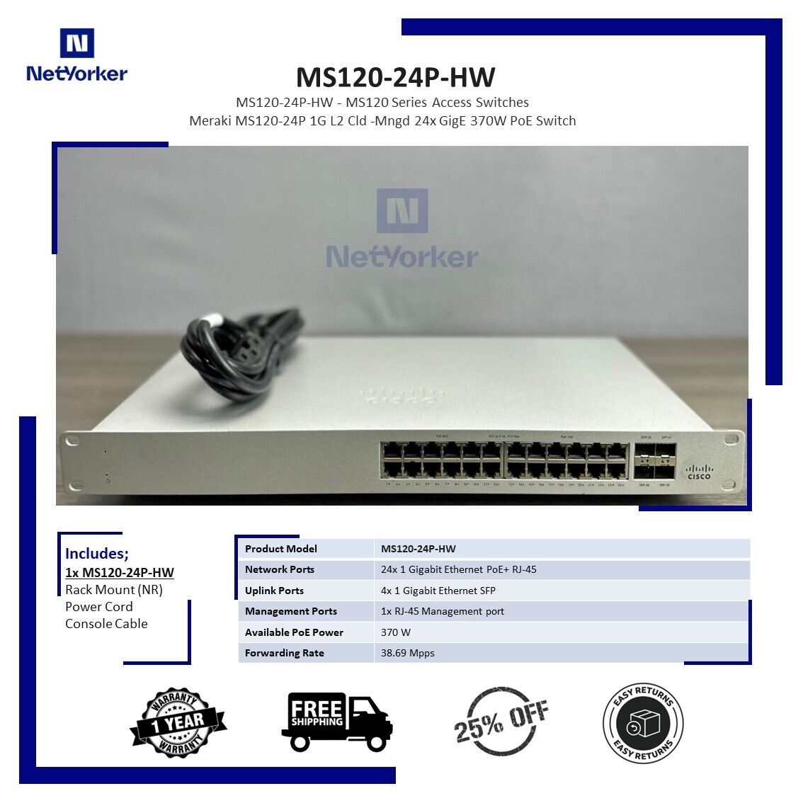 UNCLAIMED Cisco Meraki MS120-24P-HW 24-Port PoE Cloud Managed Switch -Fast Shipp