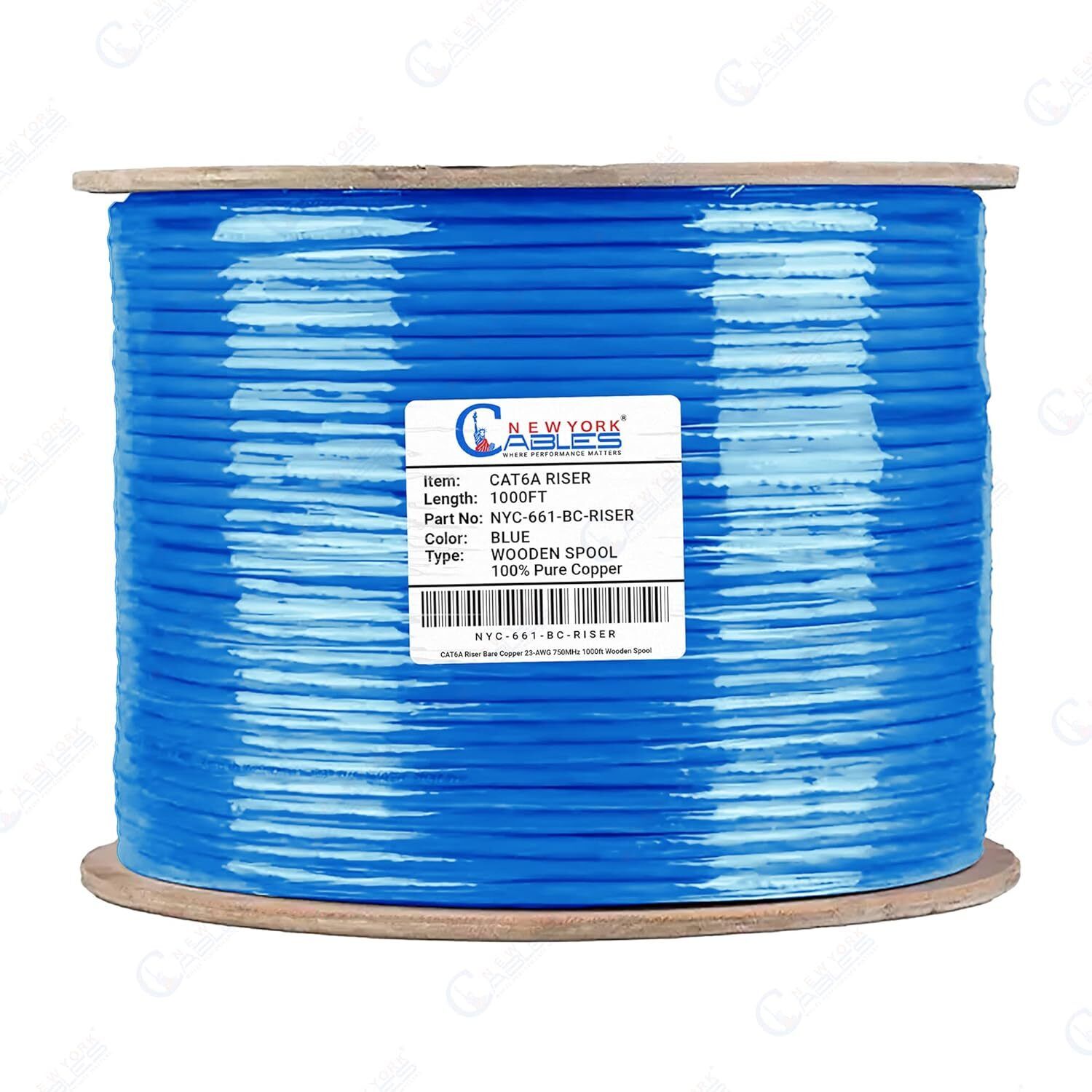 CAT6A Riser 1000ft Ethernet Cable Solid Bare Copper CMR 750Mhz UTP Bulk Blue