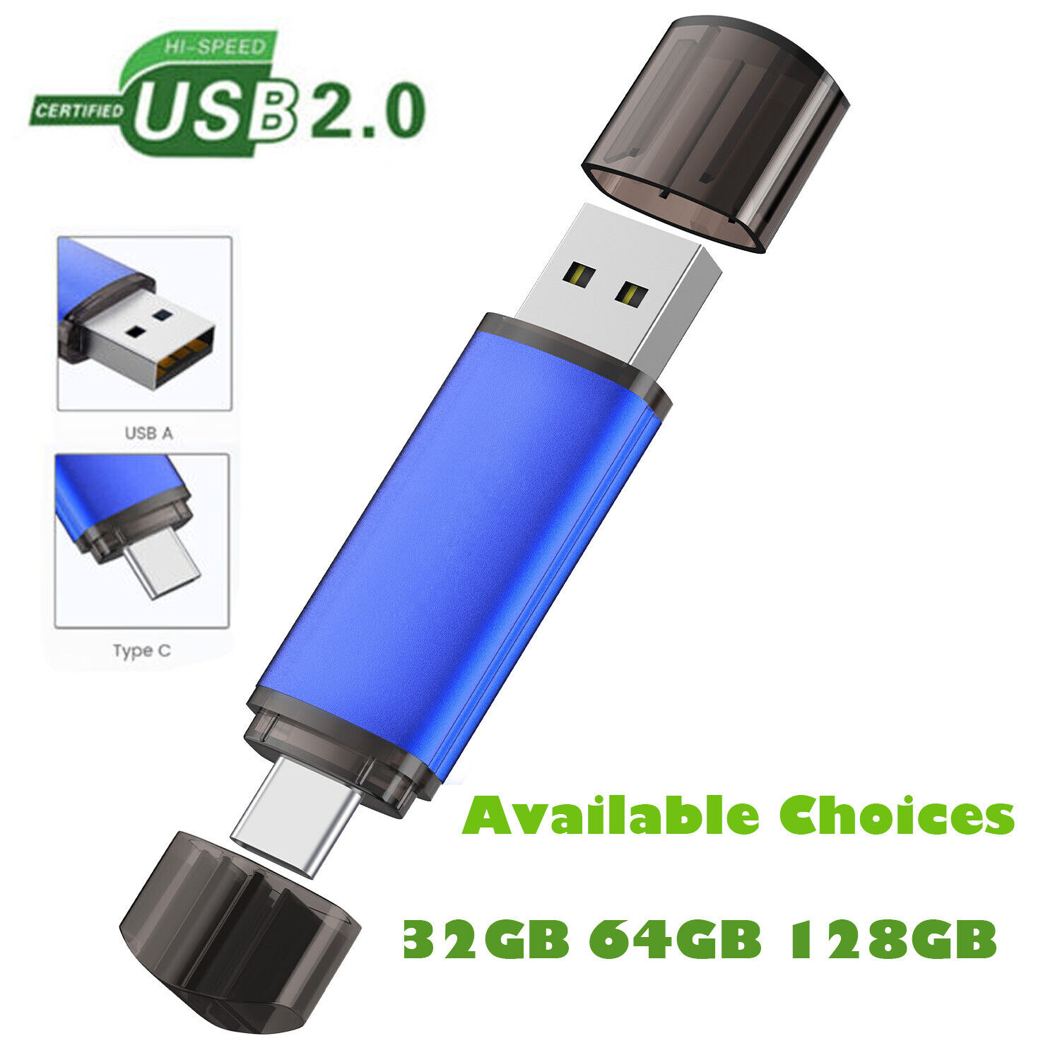 USB 2.0 32GB 64GB 128GB Dual Type-C USB Flash Drive For Samsung Android Phone PC