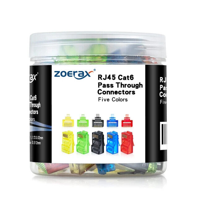 Zoerax 100Pcs RJ45 Cat6 Connectors Pass Through, Assorted Colors (20Pcs/Color)