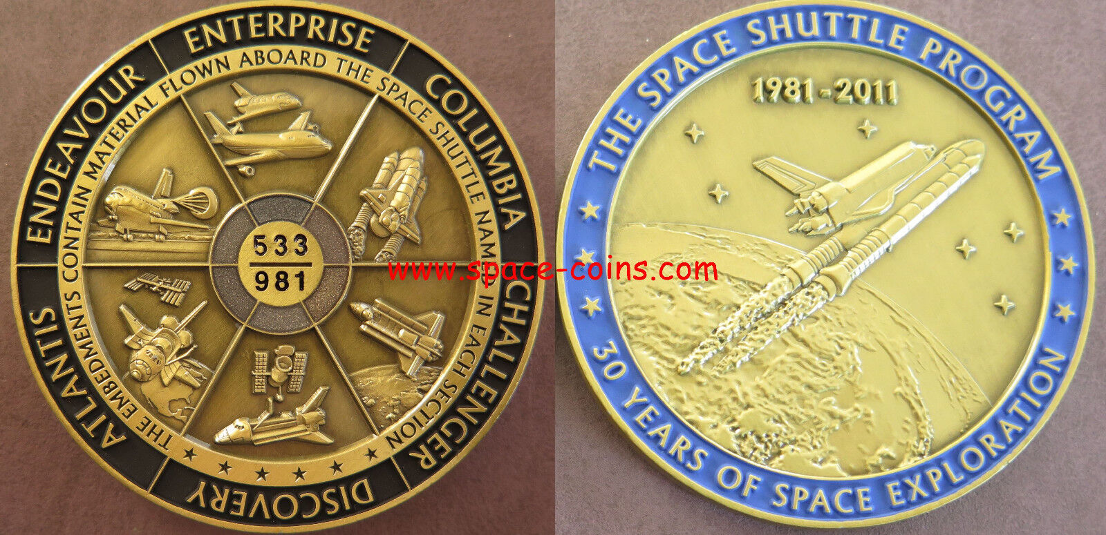 Space Shuttle medal with VISIBLE flown material from all 6 Space Shuttle 2.5\