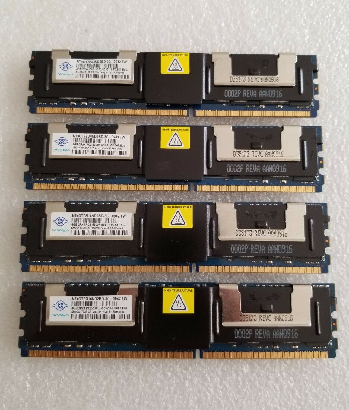 Lot of 4 Nanya 4GB 2Rx4 PC2-5300F DDR2 ECC REG Server RAM NT4GT72U4ND2BD-3C