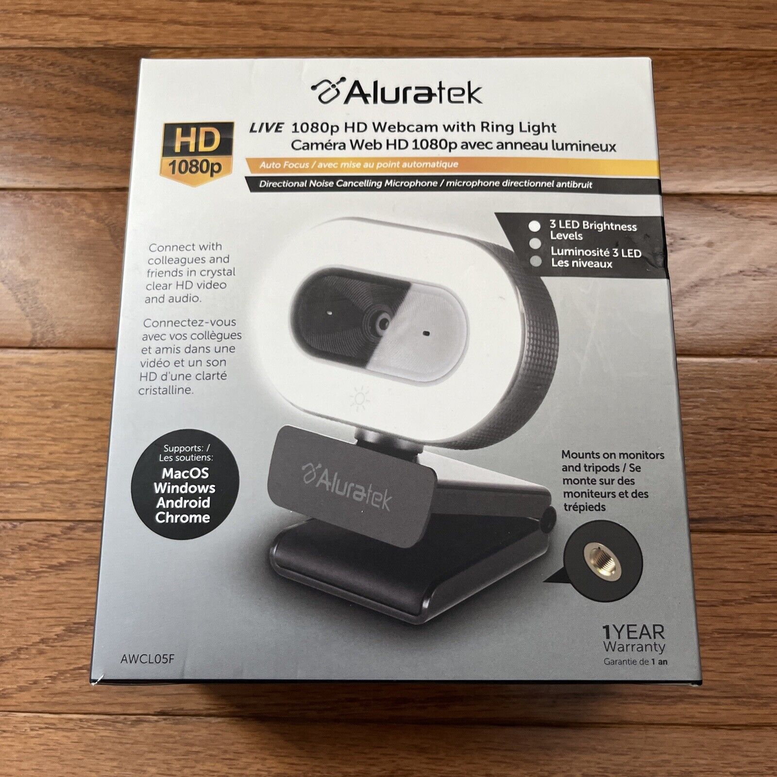 Aluratek Live HD 1080P Webcam with Built-in Adjustable LED Ring Light