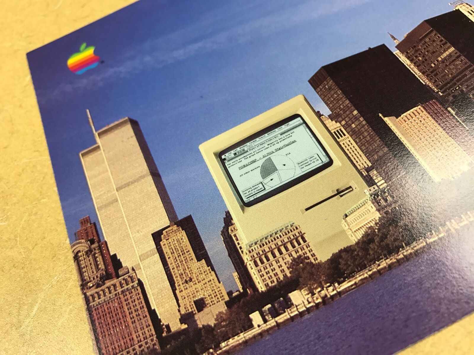 RARE POSTCARD Macintosh at the WTC NYC Skyline -1986 from Apple Computer Rainbow