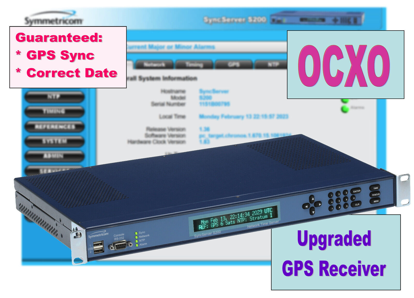 Symmetricom SyncServer S200 OCXO UPGRADED GPS NTP Server Network Time Clock