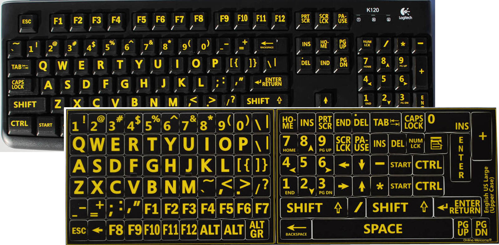 ENGLISH US KEYBOARD STICKER LARGE LETTERS BLACK-YELLOW  LETTERING
