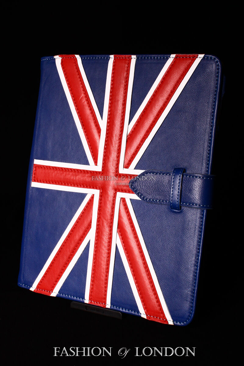 iPad 2 3 & 4 (UNION JACK Blue Lambskin) Real Genuine Leather Cover Case Stand