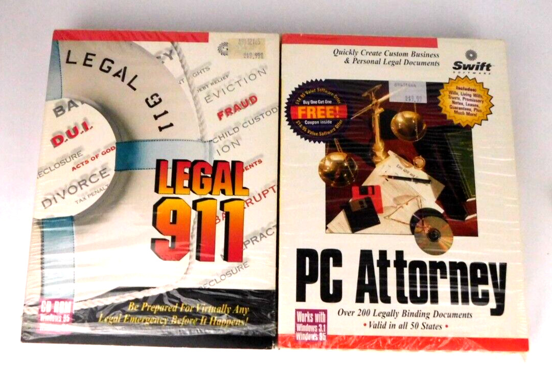 2 Vtg PC Software Packages - Legal 911 (disc) & PC Attorney (Rom) EUC Win 95 3.1