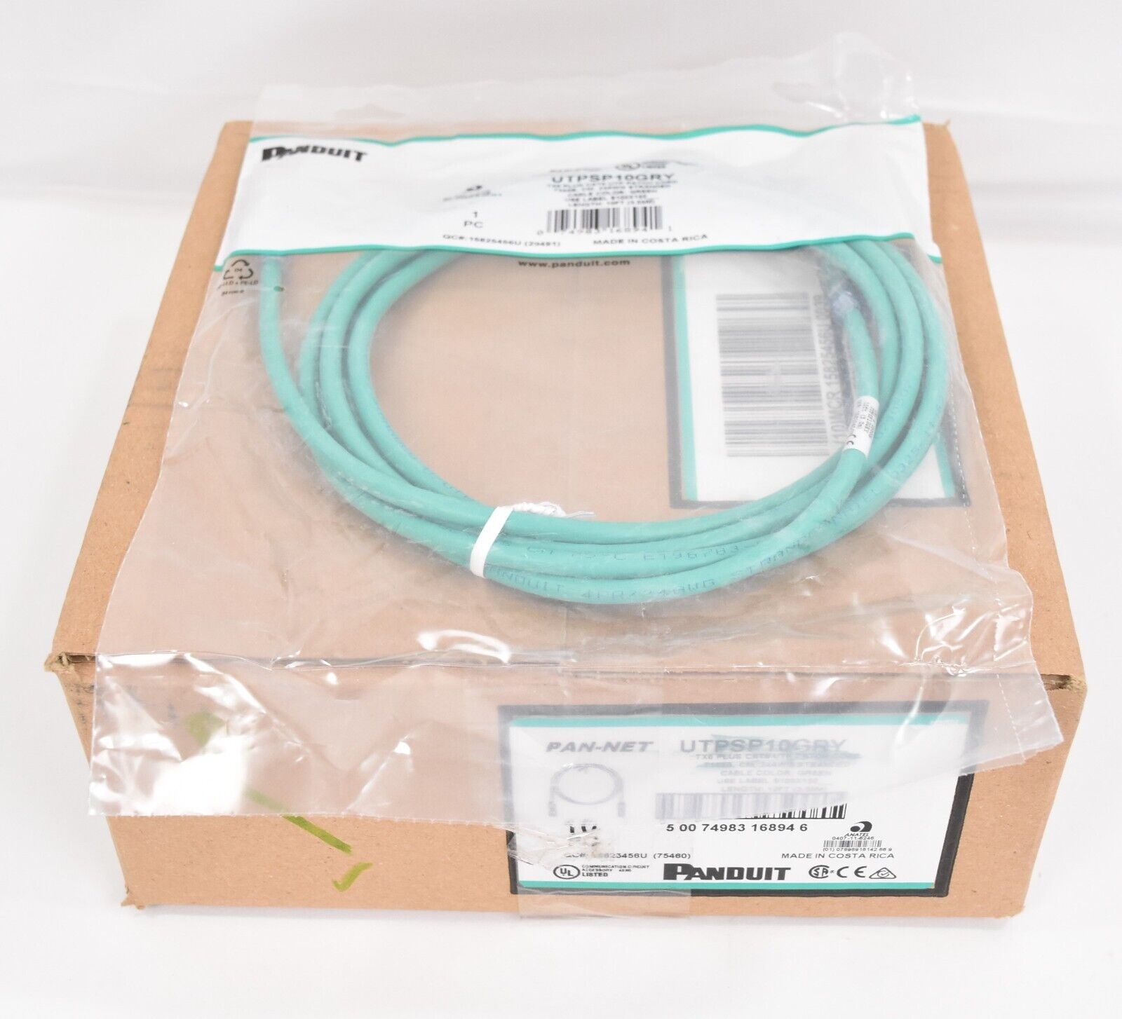 Box of (10) Panduit 10 Ft Green RJ45 Cat 6 Ethernet Patch Cables UTPSP10GRY