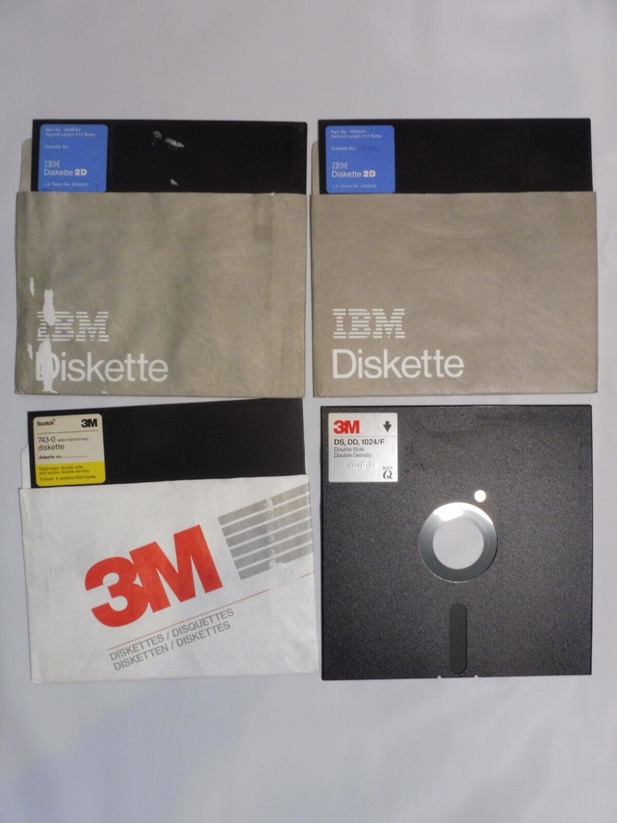 Qty 4 - 8inch floppy disk - DSDD - IBM and 3M - used - worked last used 25yr ago