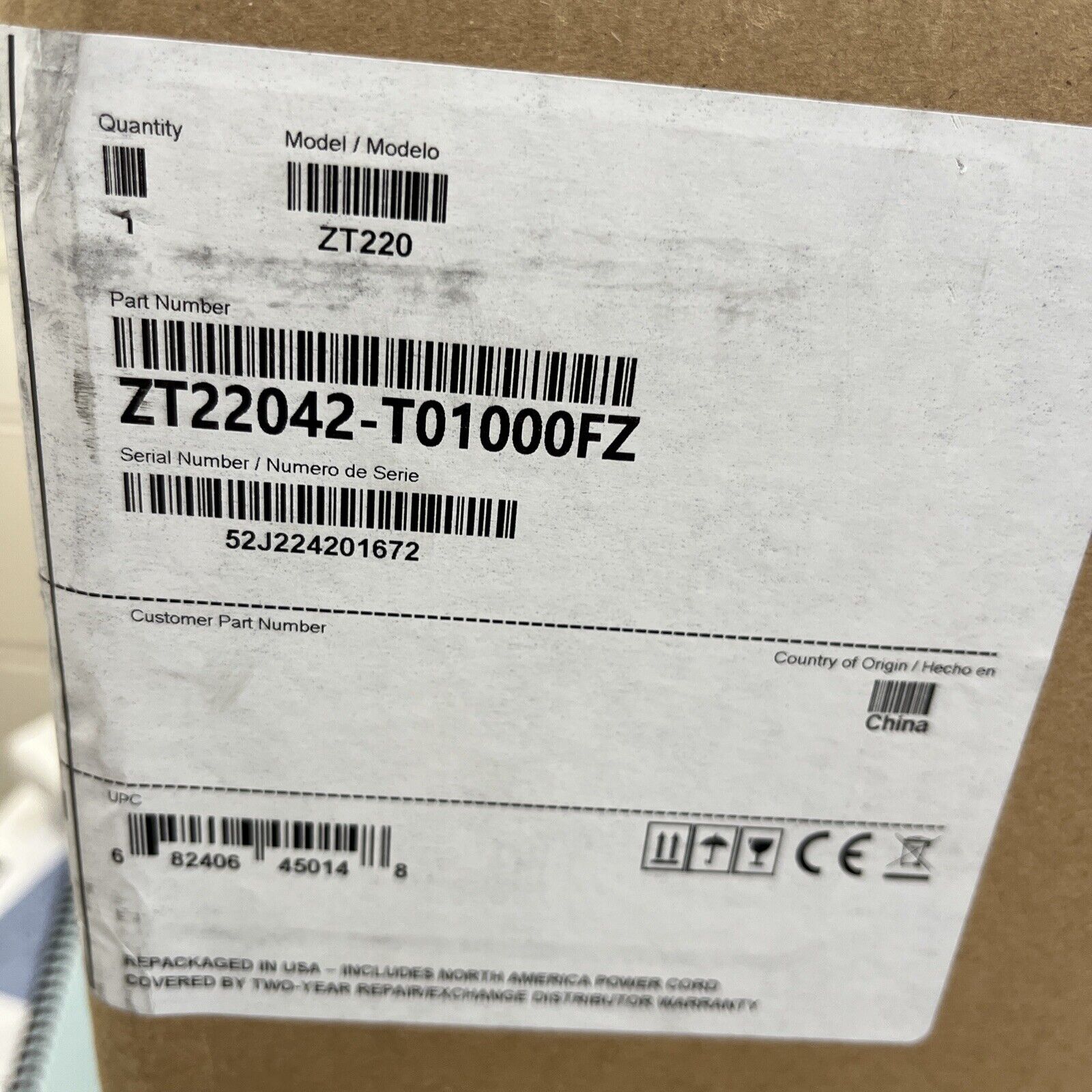 Zebra ZT22042-T01000FZ ZT220 Label Printer Thermal Transfer New