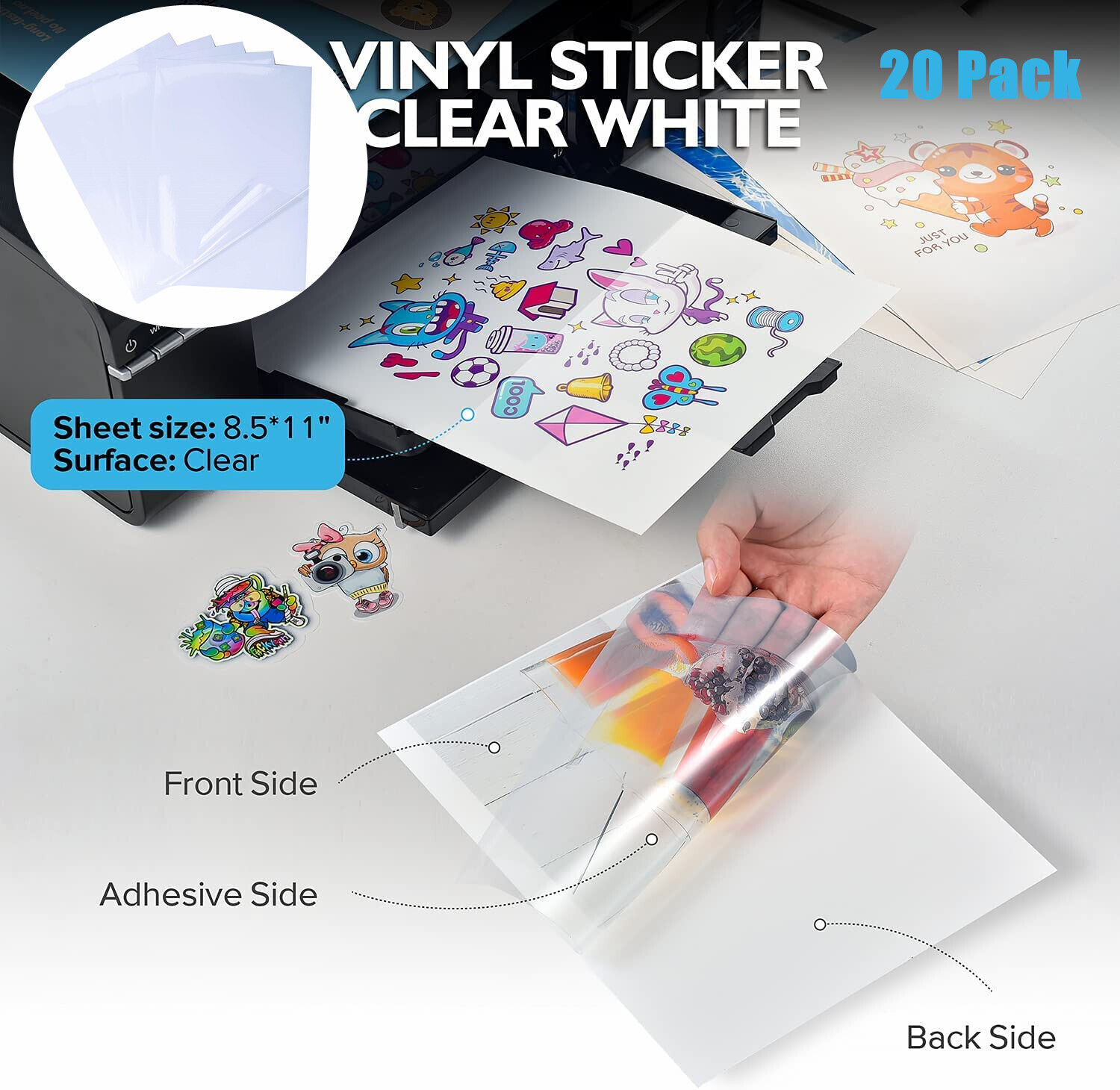 20 Sheet 8.5x11 Printable Clear Vinyl Stickers for Inkjet Photo Waterproof Paper