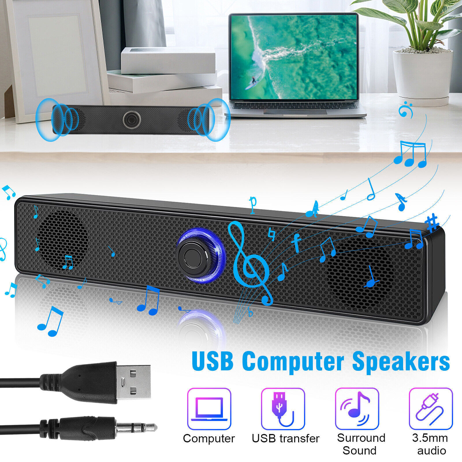 Bluetooth 5.0 Stereo Bass Sound Computer Speakers  Wired Soundbar for Laptop PC