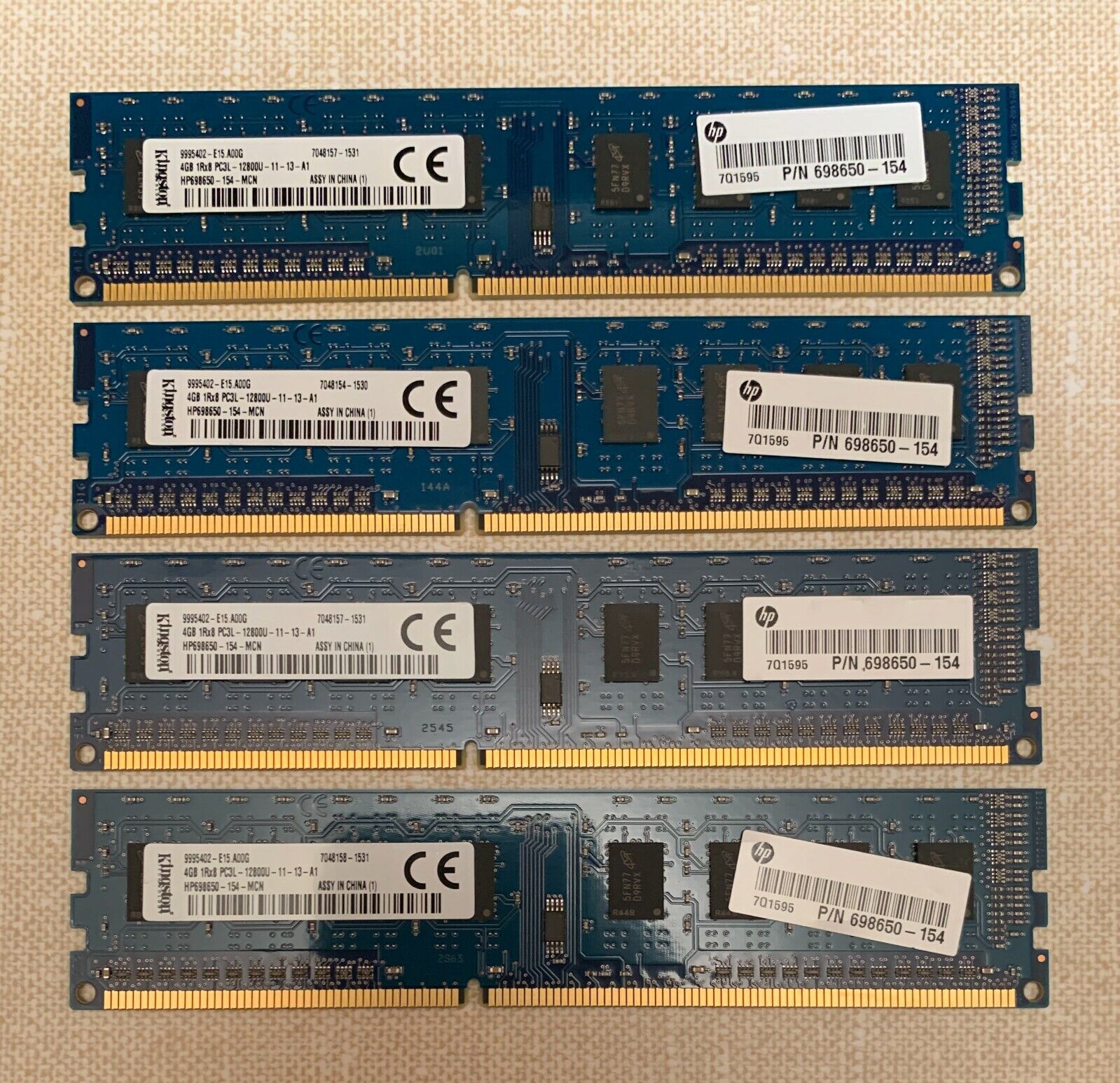 4X 4GB  (16GB) Kingston PC3L-12800 desktop (DDR3L-1600) HP698650  -TESTED